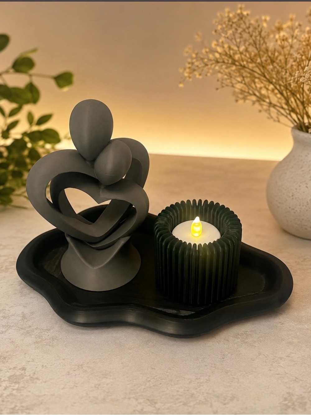 Modern Abstract Heart Sculpture and Candle Set - Gray